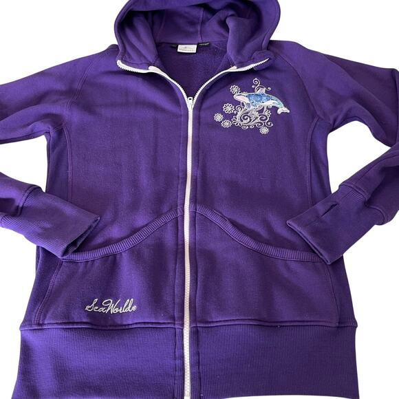 SeaWorld Sweatshirt Hoodie Jacket Purple Orca Shamu Embellished Woman’s Sz L - Picture 6 of 12
